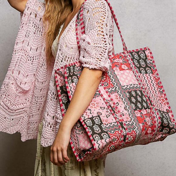 POL Handbags - POL Pink Kantha quilted patchwork floral embroidered XL boho tote bag